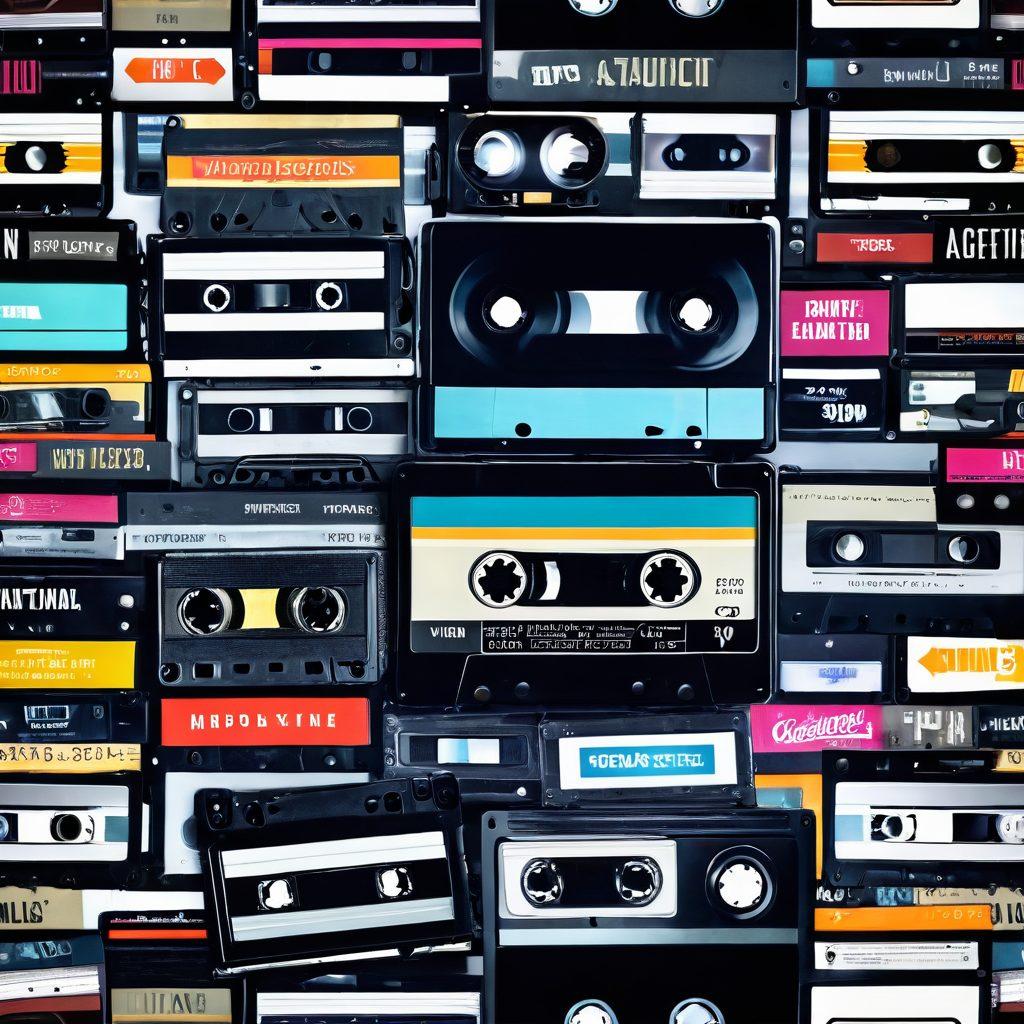 A dynamic collage showcasing the evolution of adult films from vintage VHS tapes, prominently featuring a retro cassette with magnetic tape spilling out, transforming into a sleek modern streaming interface on a high-resolution screen. The background depicts a timeline merging retro and modern aesthetics with iconic visuals from each era, including classic film reels and contemporary digital icons. The image should evoke nostalgia while highlighting innovation. vibrant colors. cinematic style.