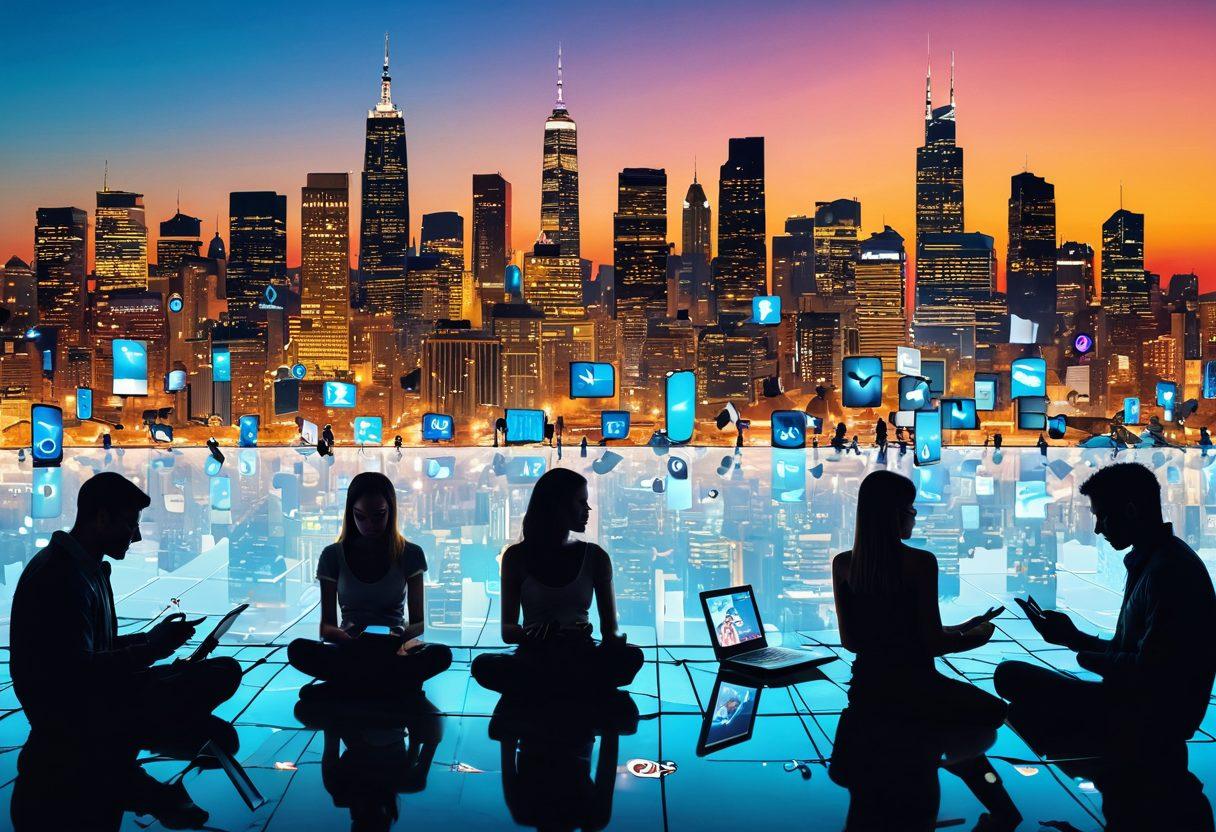 A collage of diverse people engaging with digital devices, surrounded by floating icons representing adult content, media consumption, and technology. Include a city skyline in the background to signify the digital age. A contrasting balance of light and shadow to depict varying perceptions of adult websites. super-realistic. vibrant colors. dynamic composition.